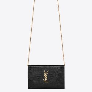 Saint Laurent YSL Uptown Chain Wallet in Crocodile-Embossed Shiny Leather